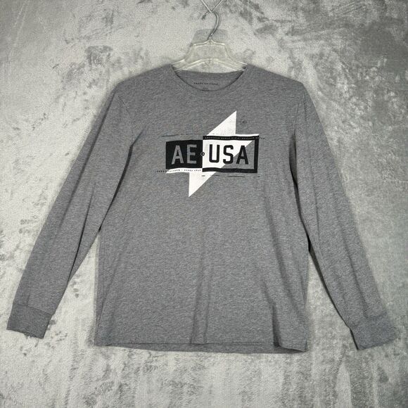 American Eagle Shirt Men‎ Medium Gray Long Sleeve T-Shirt AE USA Graphic Casual - Picture 2 of 8